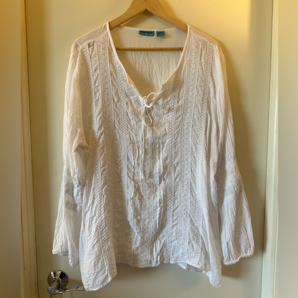 Aqua Blue White Semi Sheer All Cotton Peasant Style Swim / Bathing Suit Cover Up